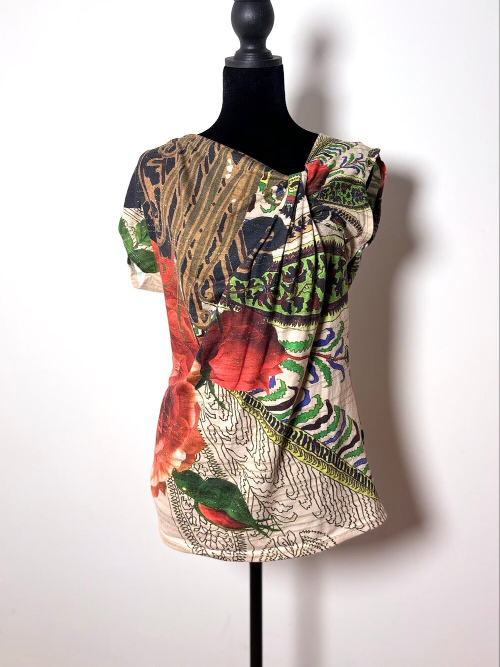 Desigual Rose and Gold Foil Print Knotted Asymmetrical Neckline Sleeveless Top